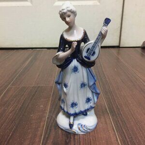 Vtg Ceramic Lady with Instrument Figure 8" Georgian Musician Rococo Victorian